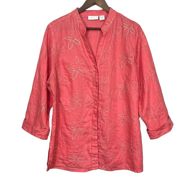 Tweeds Linen Henley Button-Up Shirt Women‎ Size 1X Pink Floral Embroidery - Picture 1 of 13